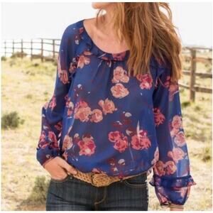 Sundance Womens Floral 100% Silk Boho Hippie Top Blouse Small River Blossom Blue